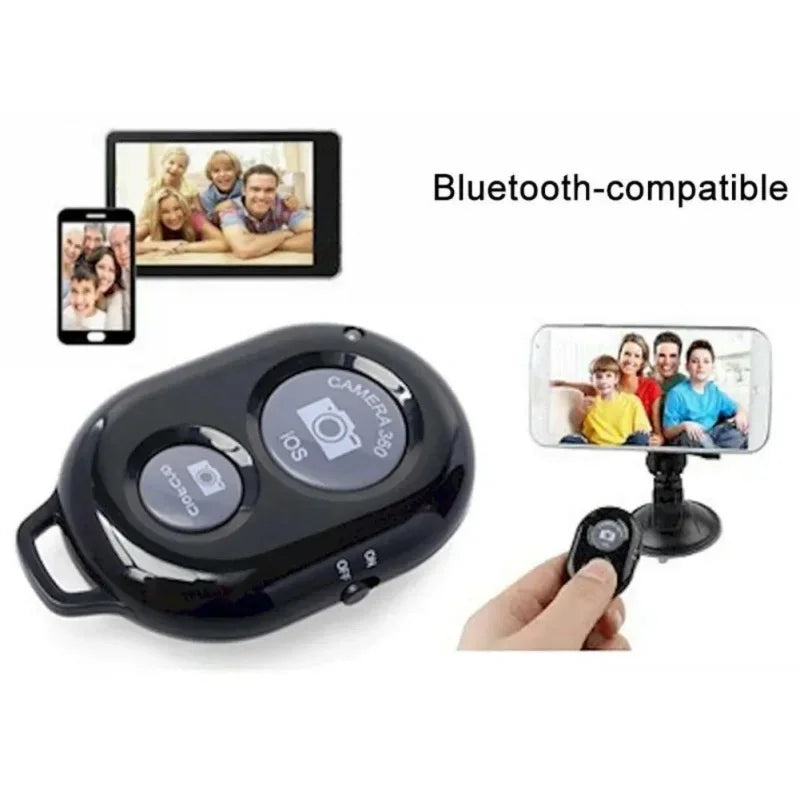 Black plastic Bluetooth-compatible remote camera shutter control with dedicated buttons for iOS and Android devices.