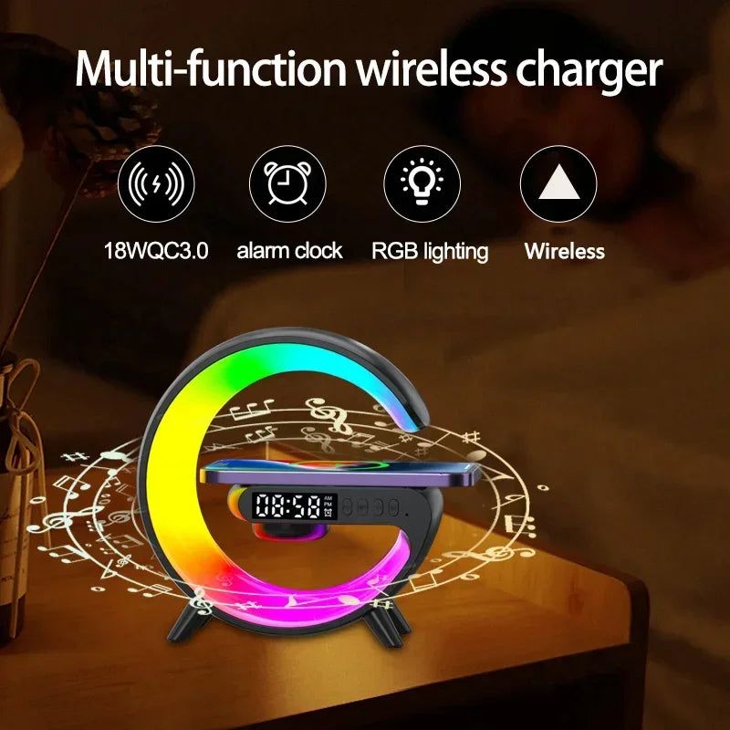 Black G-shaped bedside speaker with vibrant RGB light, digital clock, and built-in wireless phone charging pad.