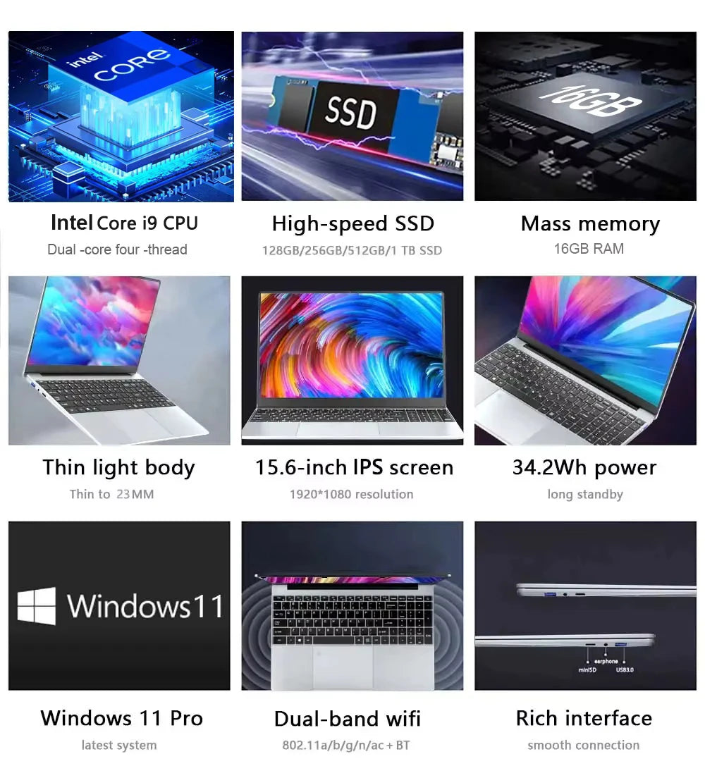 Ultra-slim 15.6-inch silver laptop with IPS display, backlit keyboard, multiple ports, and Windows 11.