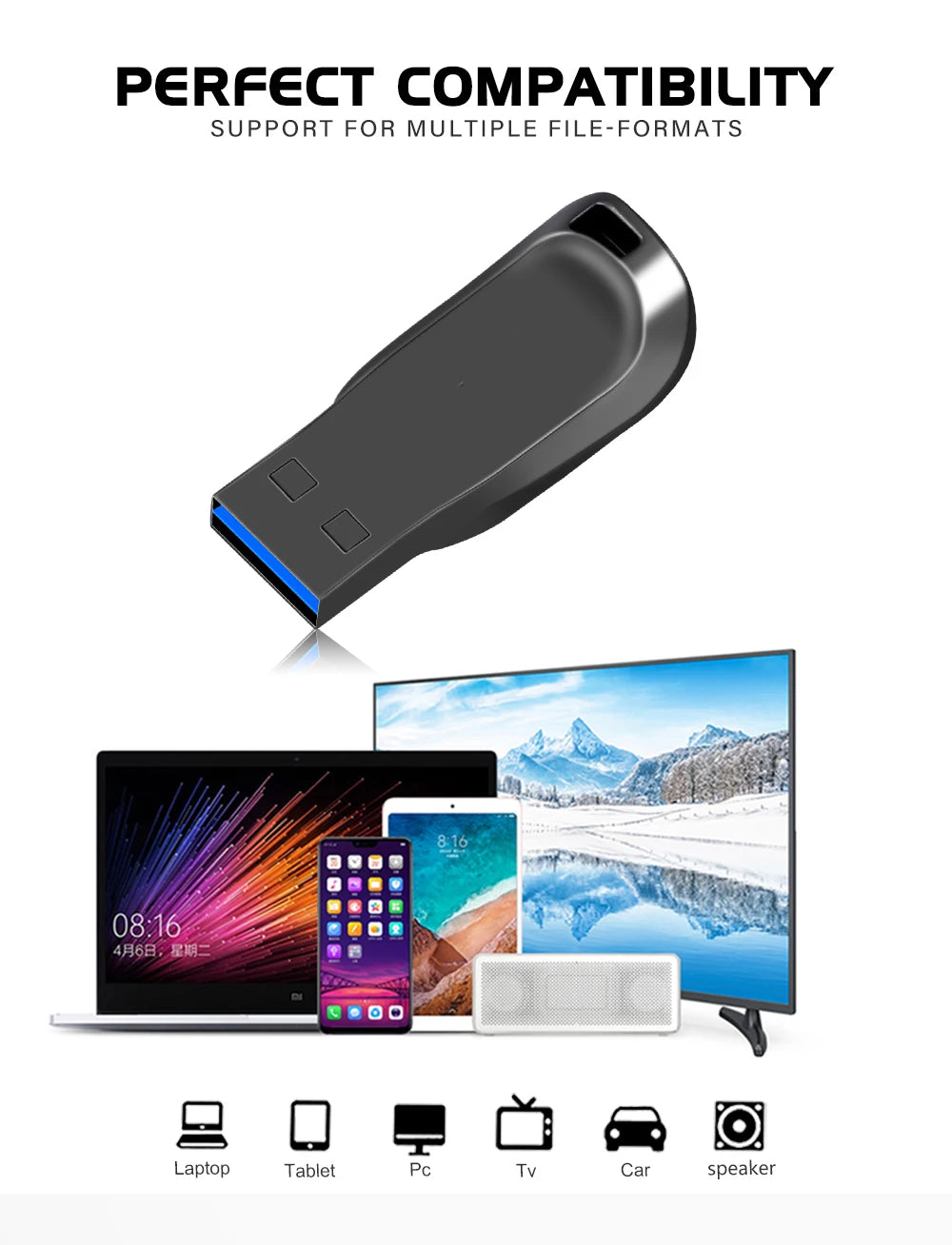 Sleek black metal USB 3.0 flash drive showing compatibility with laptops, tablets, PCs, TVs, cars, and speakers.