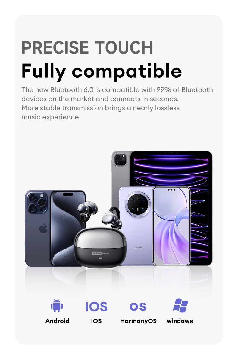 Black wireless earbuds with a metallic, two-tone charging case, displayed with various smartphones and a tablet.