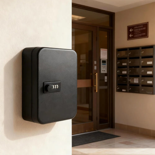 Black metal wall-mounted key lock box with a three-digit combination dial, mounted on a white wall.