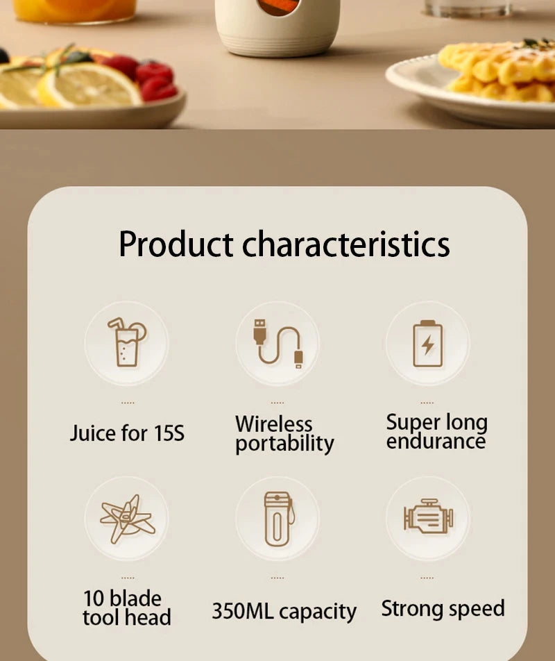 Infographic for a portable 350ml personal blender in a beige, minimalist style, highlighting its key features.