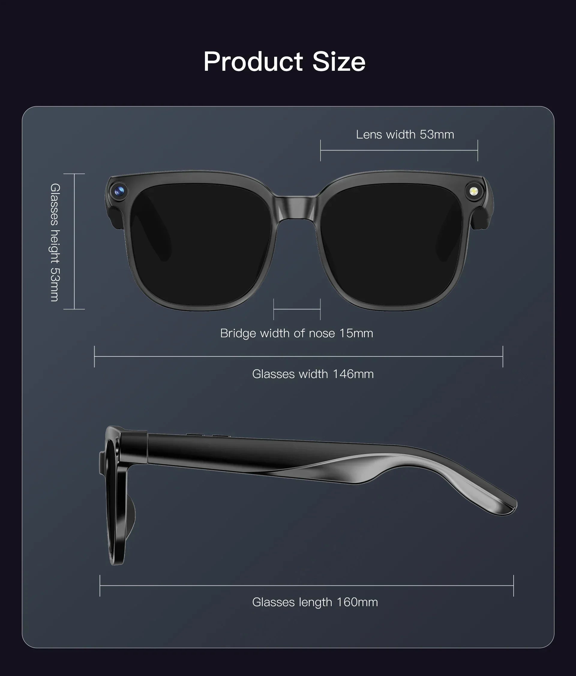 Black smart translation glasses shown from front and side profiles with measurement callouts for dimensions.