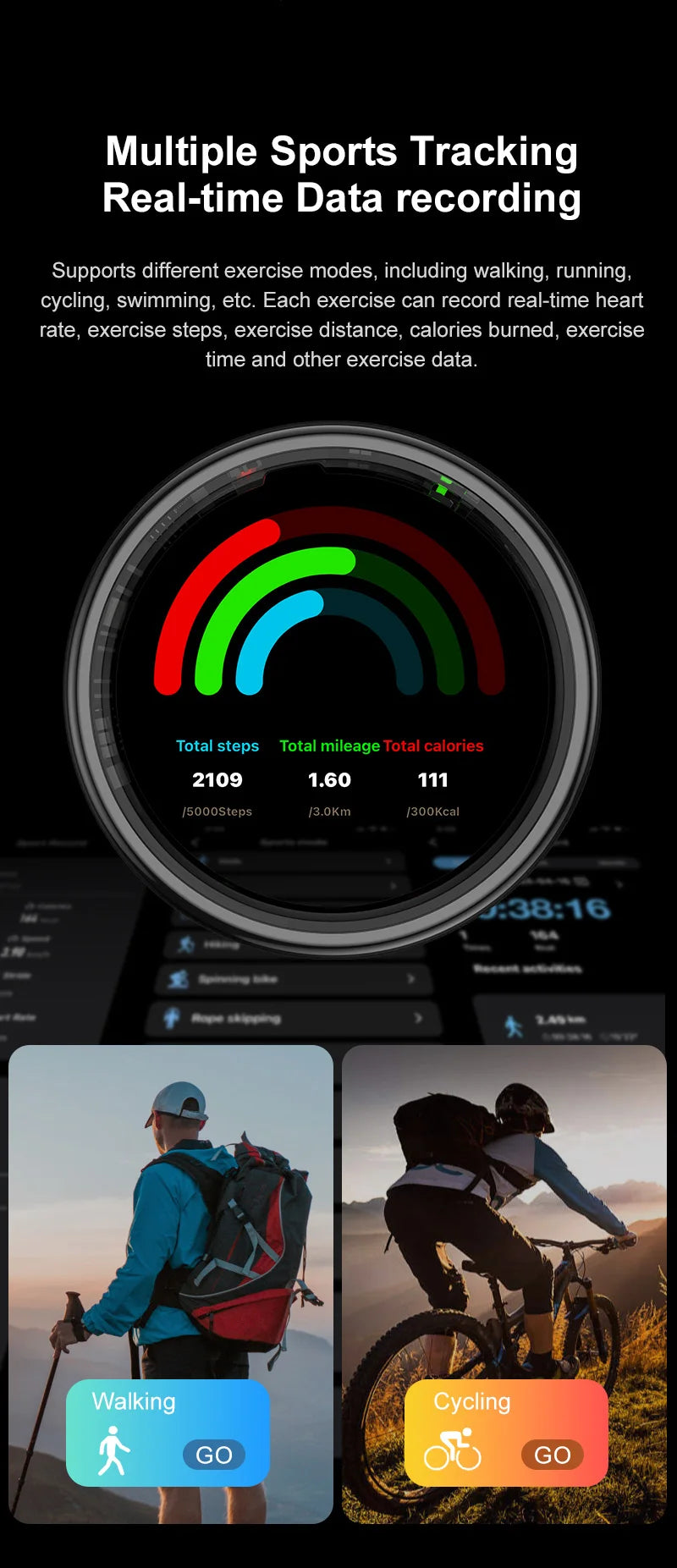 Smart fitness ring displaying health metrics, steps, and calories, with sports tracking modes like walking and cycling.