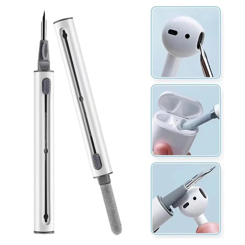 White multifunctional cleaning pen for AirPods, featuring a metal tip, flocked sponge, and brush for case maintenance.