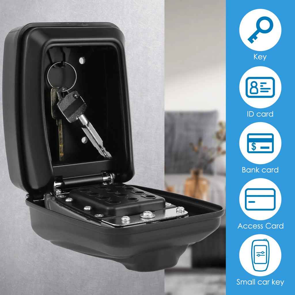 Black metal wall-mounted key lock box with an open lid, internal hook, and numeric keypad security combination lock.