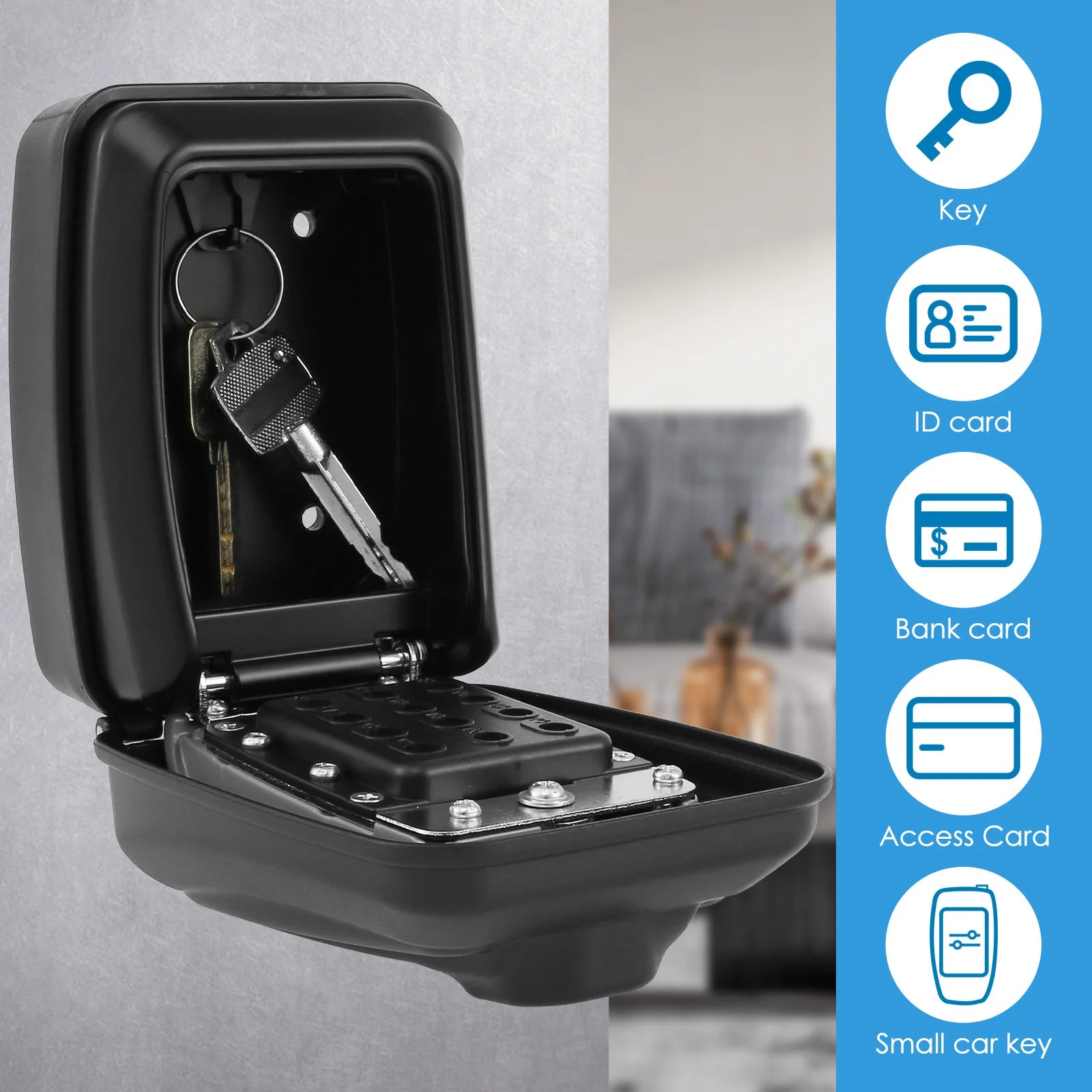 Black metal wall-mounted key lock box with an open lid, internal hook, and numeric keypad security combination lock.