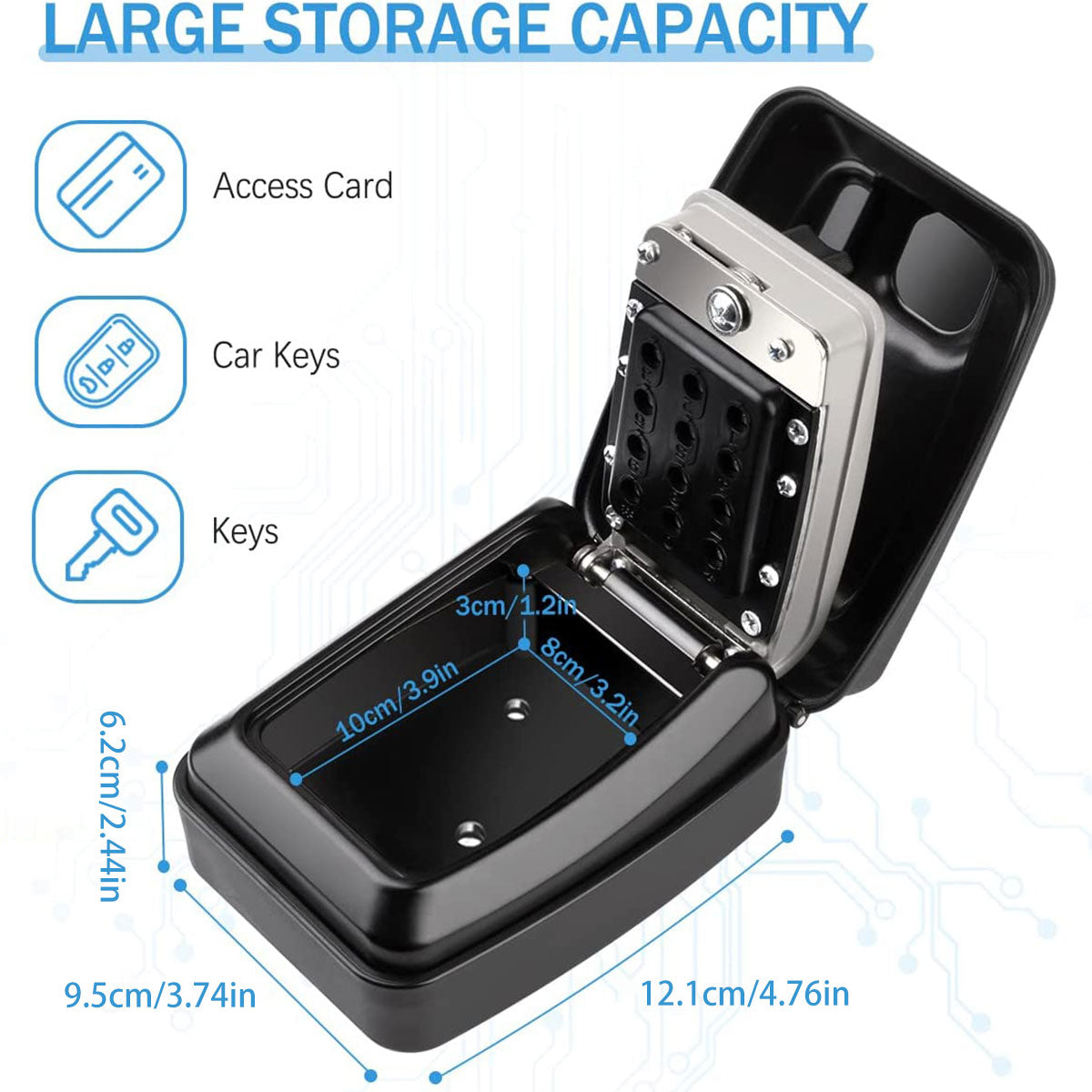 Black metal wall-mounted key lock box with open lid, combination keypad, and dimensions shown.