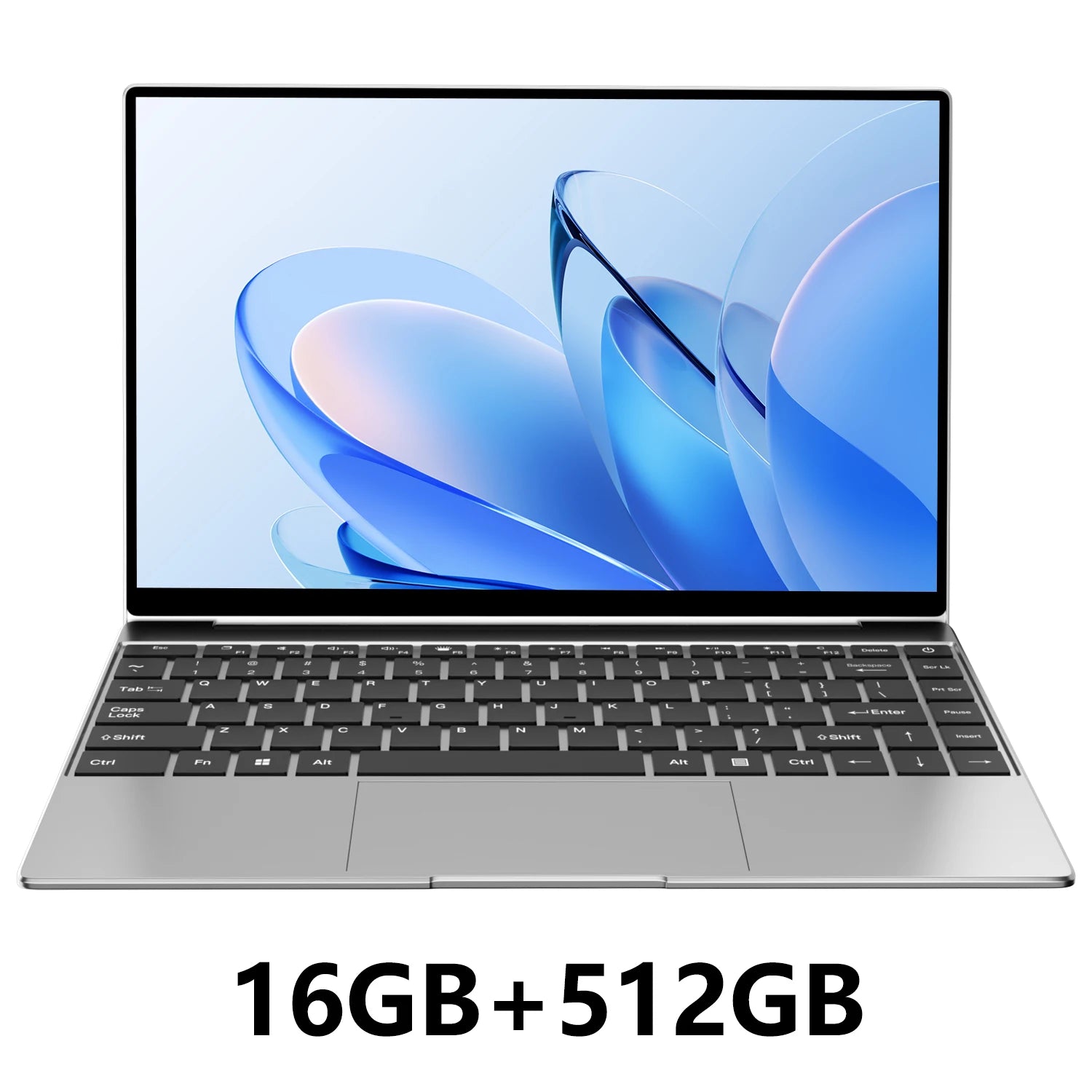 Sleek silver 14.1-inch slim laptop with a thin-bezel display and black keyboard.