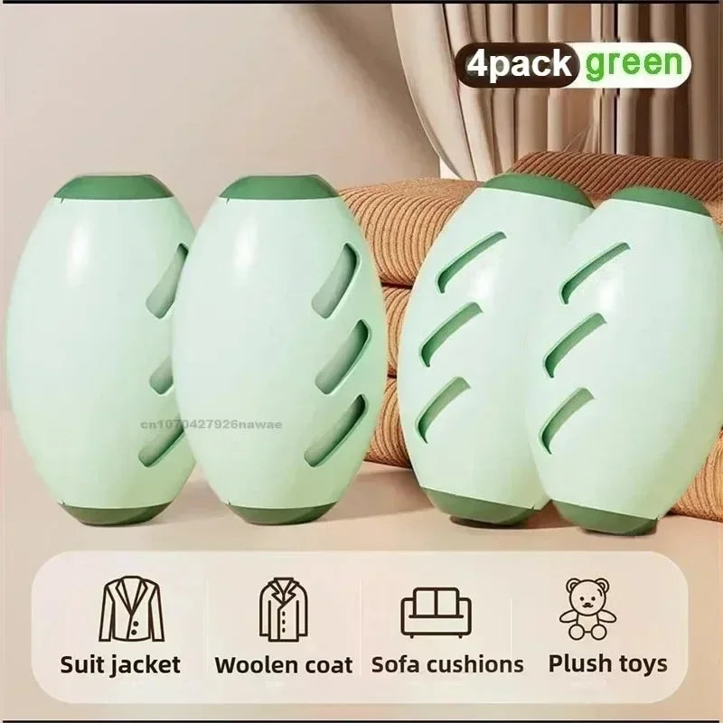 Four oval, pale green plastic lint remover tools with diagonal slits, shown with fabric and use icons.
