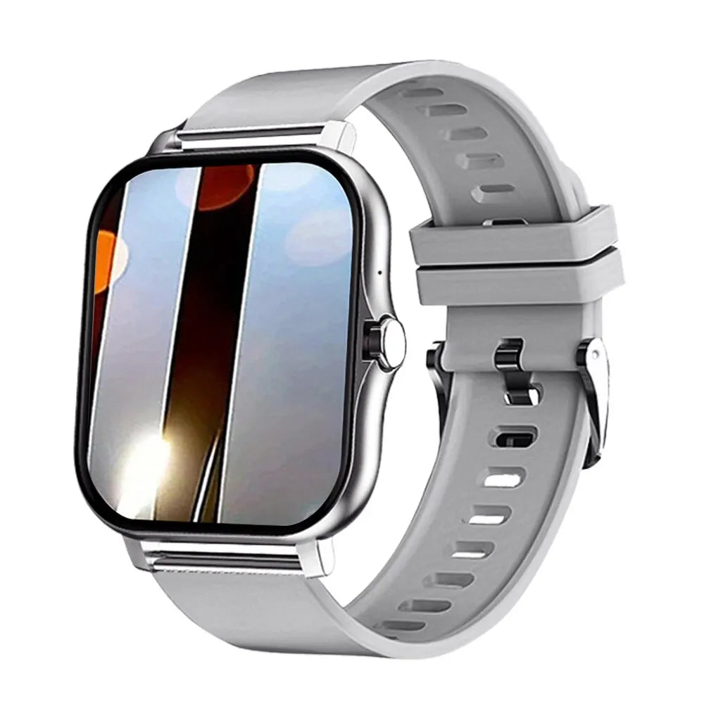 Silver smartwatch with a 1.44-inch touchscreen and comfortable grey silicone strap for Bluetooth calling.