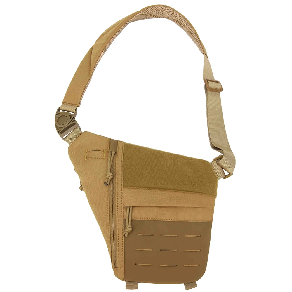 Tan tactical crossbody sling bag with adjustable strap, zip compartment, Velcro panel and MOLLE-style attachment points.