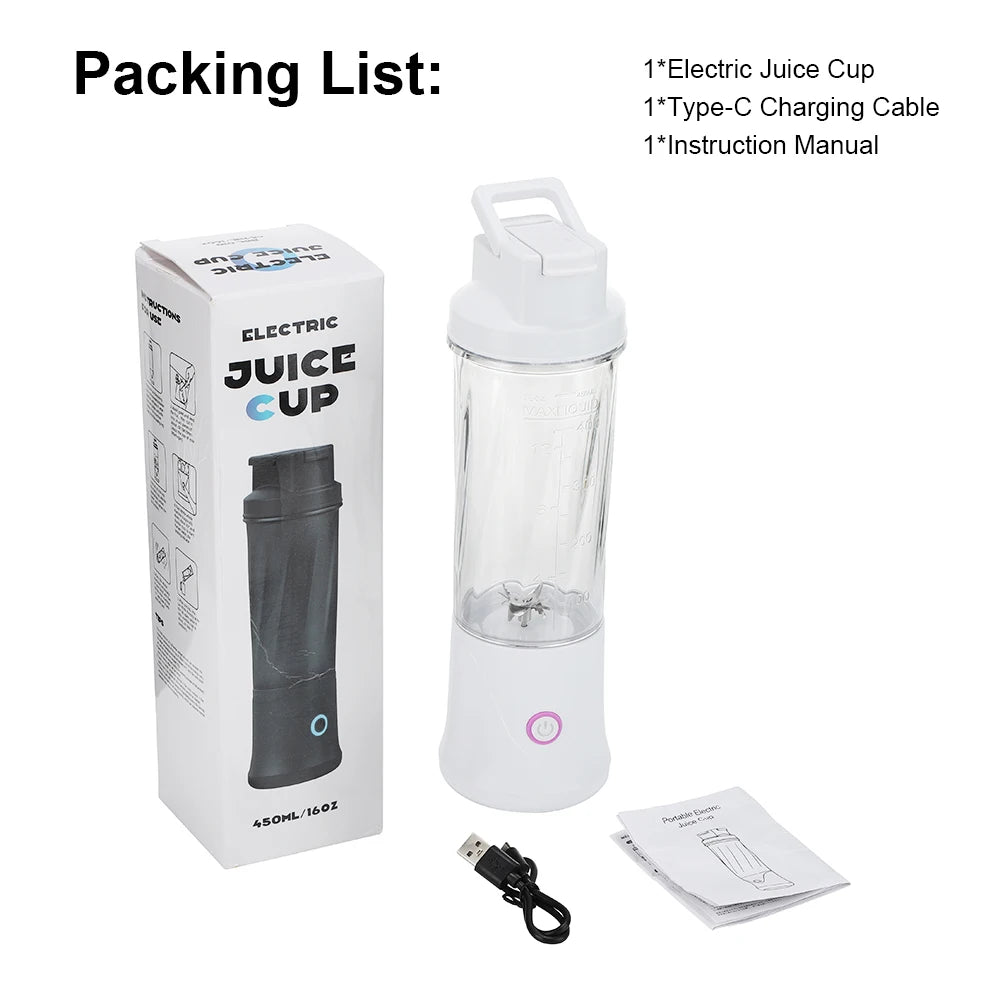 White portable electric blender cup with a clear base, charging cable, and manual, packaged in a retail box.