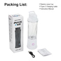 White portable electric blender cup with a clear base, charging cable, and manual, packaged in a retail box.
