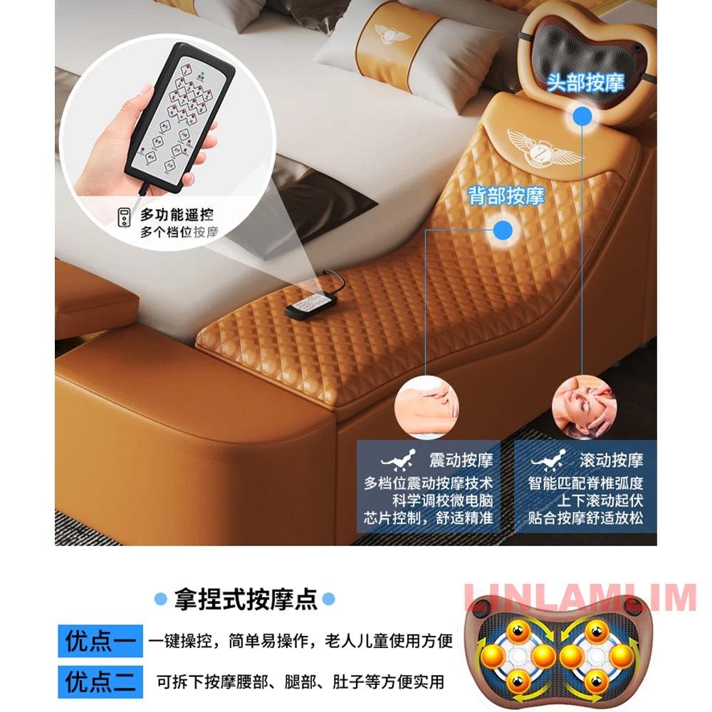 Luxury tan leather bed with integrated massage features, remote control, and quilt-stitched headboard detailing.