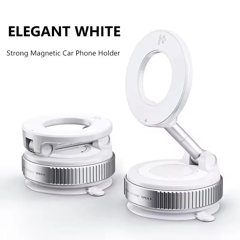 Collapsible white magnetic car phone holder shown in folded and extended positions with a sleek, modern design.