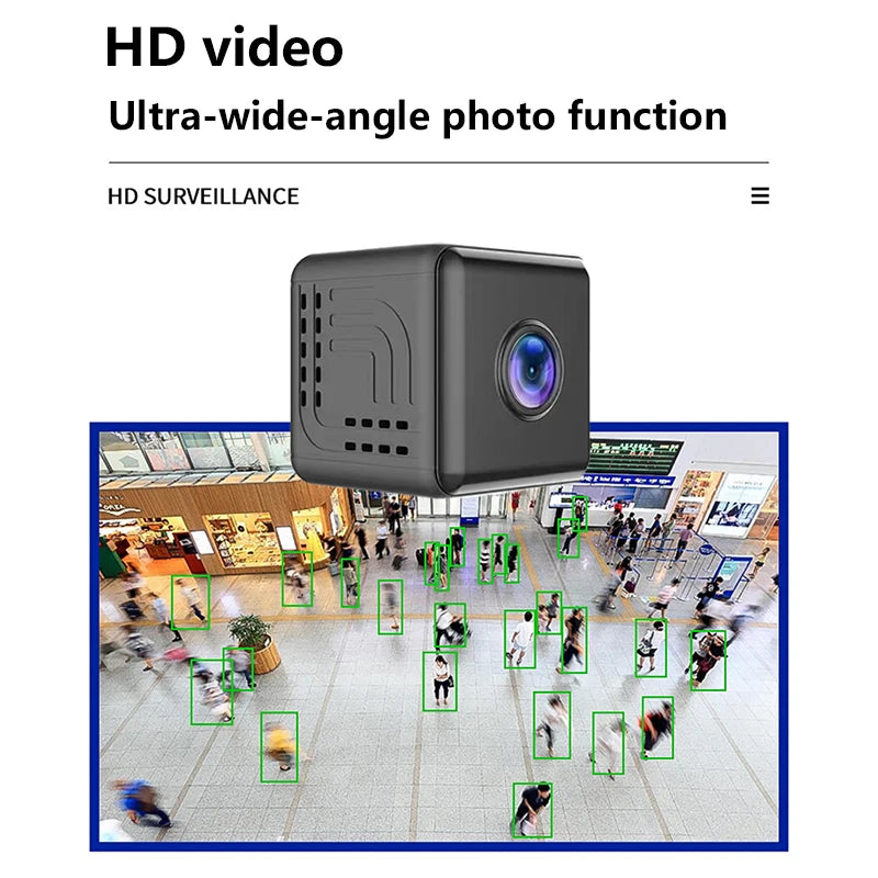 Small matte black cube security camera shown above a wide-angle surveillance view of a busy shopping centre.