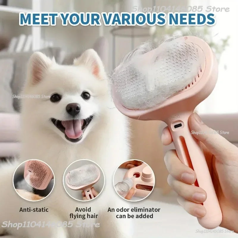 A hand holding a pink, electric self-cleaning pet grooming brush with collected white fur, next to a white dog.