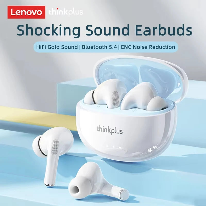 White wireless earbuds with a matching charging case, featuring a sleek, modern design on a light blue background.