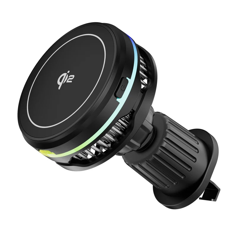 Black circular magnetic phone car mount with integrated RGB cooling fan and air vent clip.