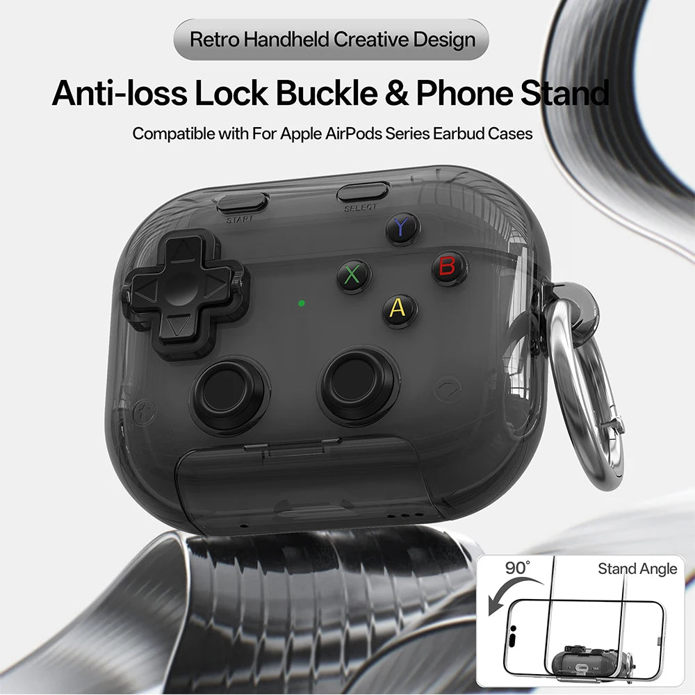 Translucent black retro game controller AirPods case with carabiner, doubles as a phone stand. Compatible with AirPods.