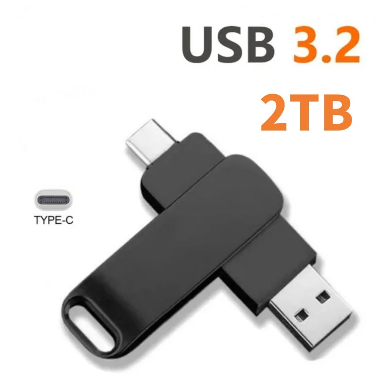Black dual-connector USB 3.2 metal flash drive featuring USB-A and USB Type-C plugs.