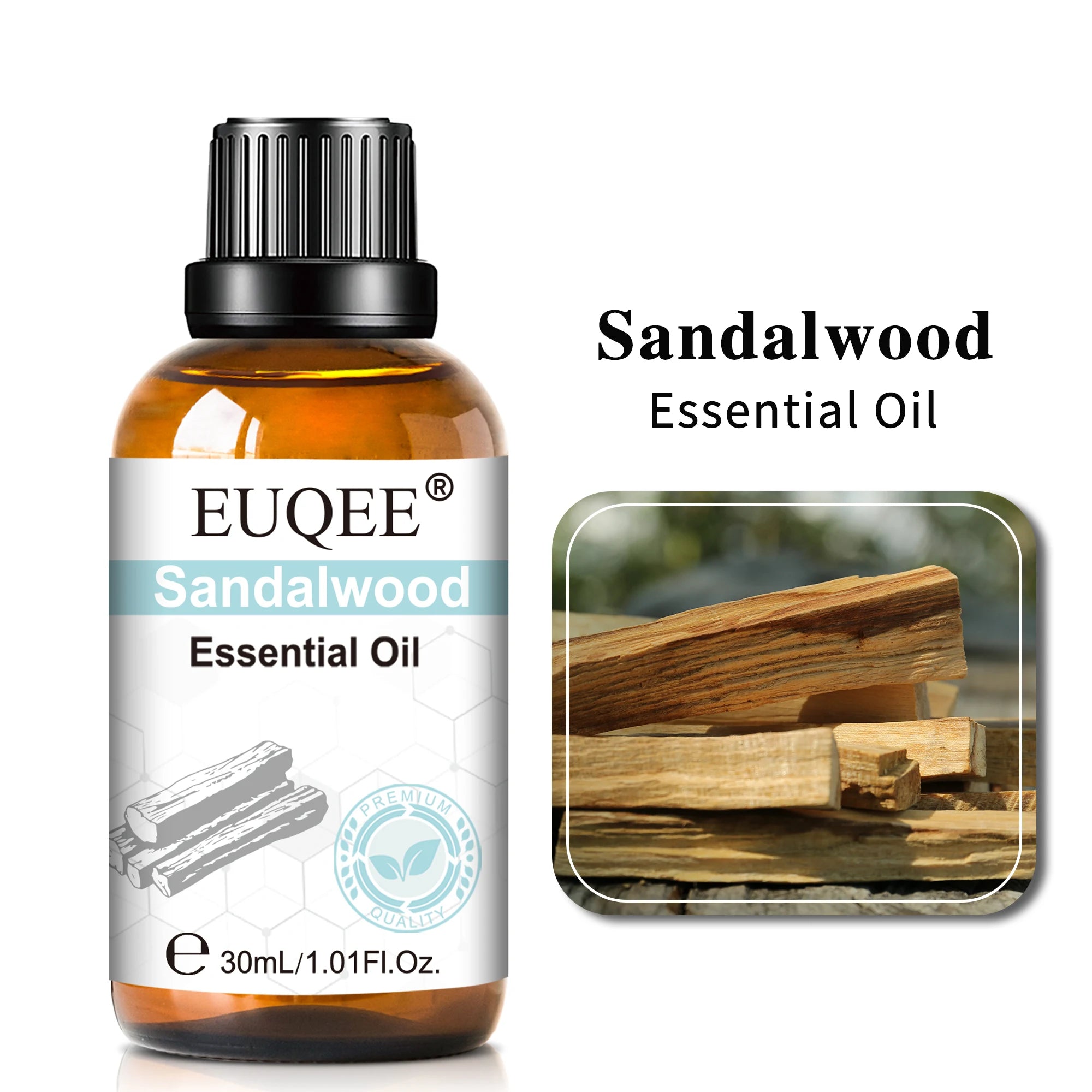 30ml amber glass bottle of Sandalwood essential oil with a black dropper cap and an image of sandalwood sticks.
