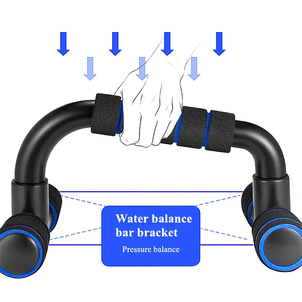 Black push-up bar with blue accents and foam handles, showing a hand grip and downward pressure arrows.