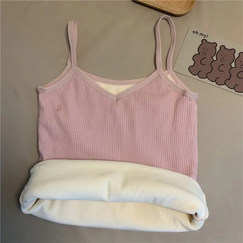 Dusty pink ribbed camisole with a V-neckline and a thick, white fleece-lined interior for extra warmth.