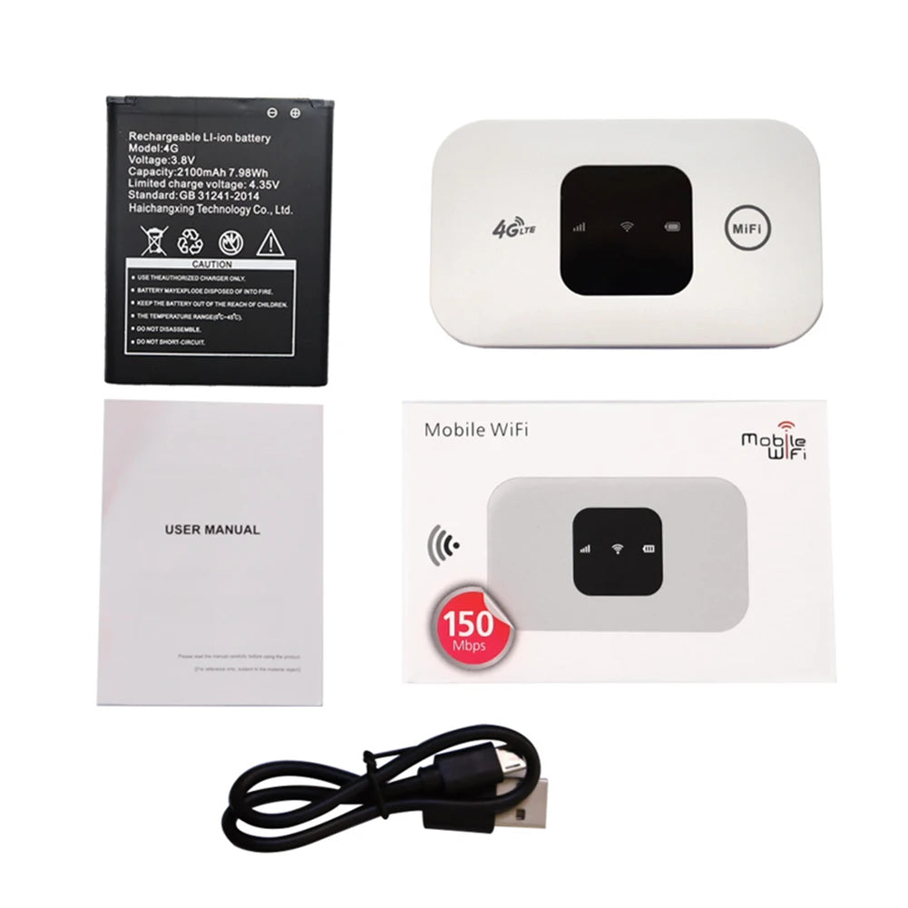White 4G LTE wireless mobile Wi-Fi hotspot with battery, USB charging cable, user manual, and packaging.