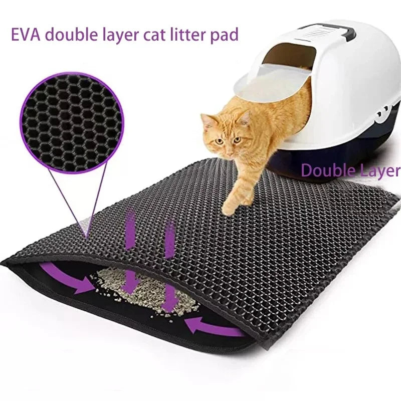 Black, double-layer honeycomb cat litter mat with a waterproof, non-slip design, shown with a cat and litter box.