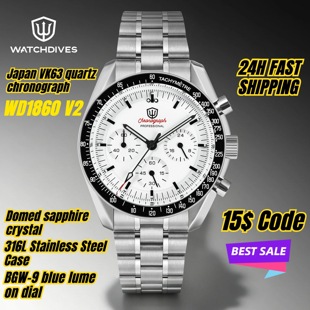 Watchdives WD1860 stainless steel chronograph watch with white dial, black bezel, and link bracelet.