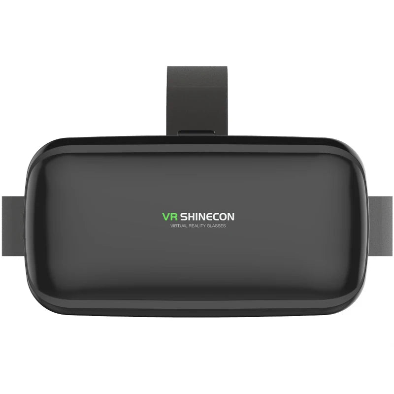 Sleek black VR headset with a minimalist rectangular design, featuring an adjustable head strap.