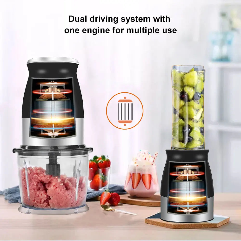 Black and silver electric food processor and blender set with a cutaway view showing the internal dual-driving engine.