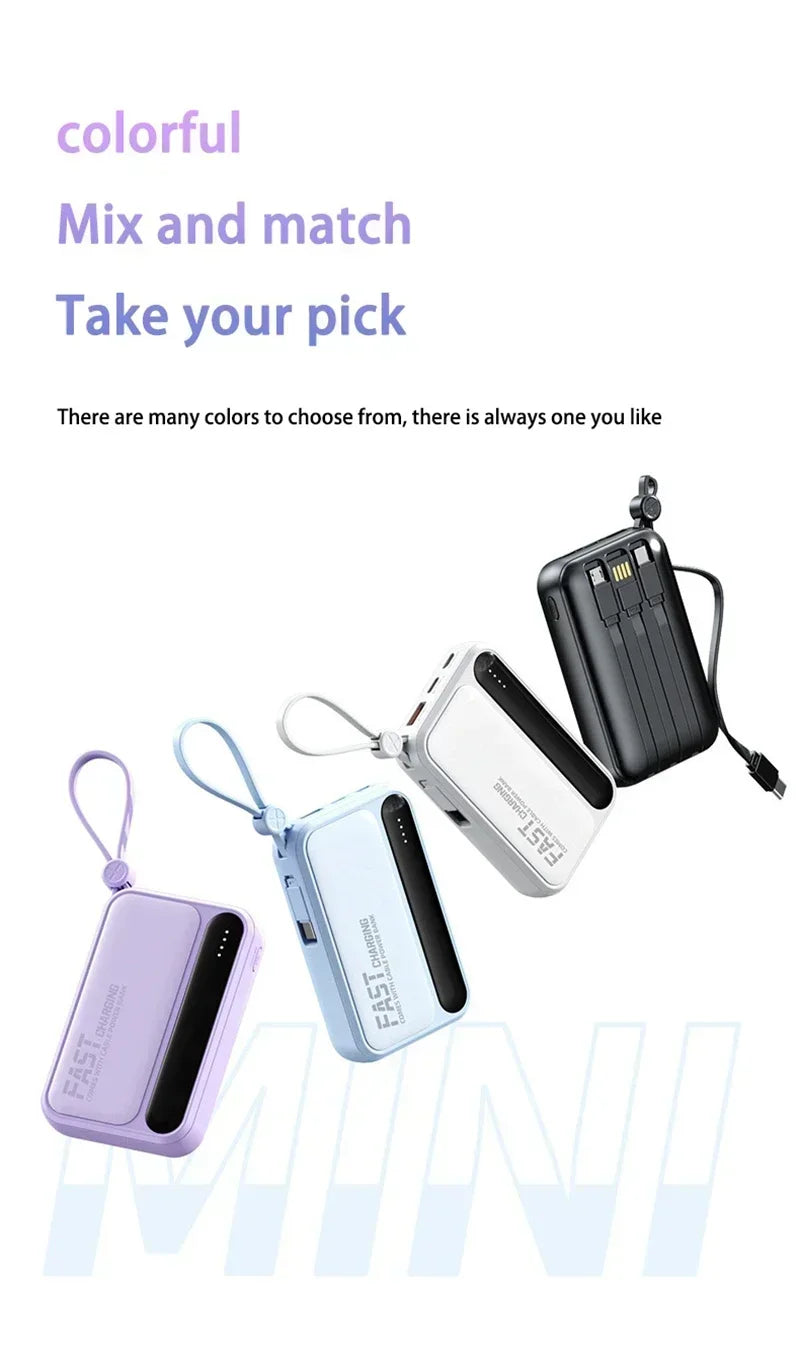 Four mini power banks in purple, blue, white, and black, each featuring built-in charging cables and carry loops.