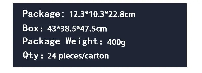 Dark navy graphic displaying product packaging dimensions, weight of 400g, and a quantity of 24 pieces per carton.