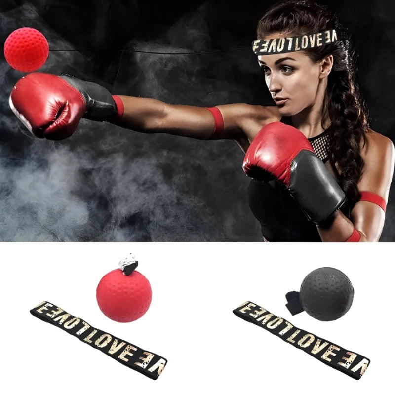 A woman in boxing gloves hitting a red reflex ball attached to a branded black headband. Two sets shown below.