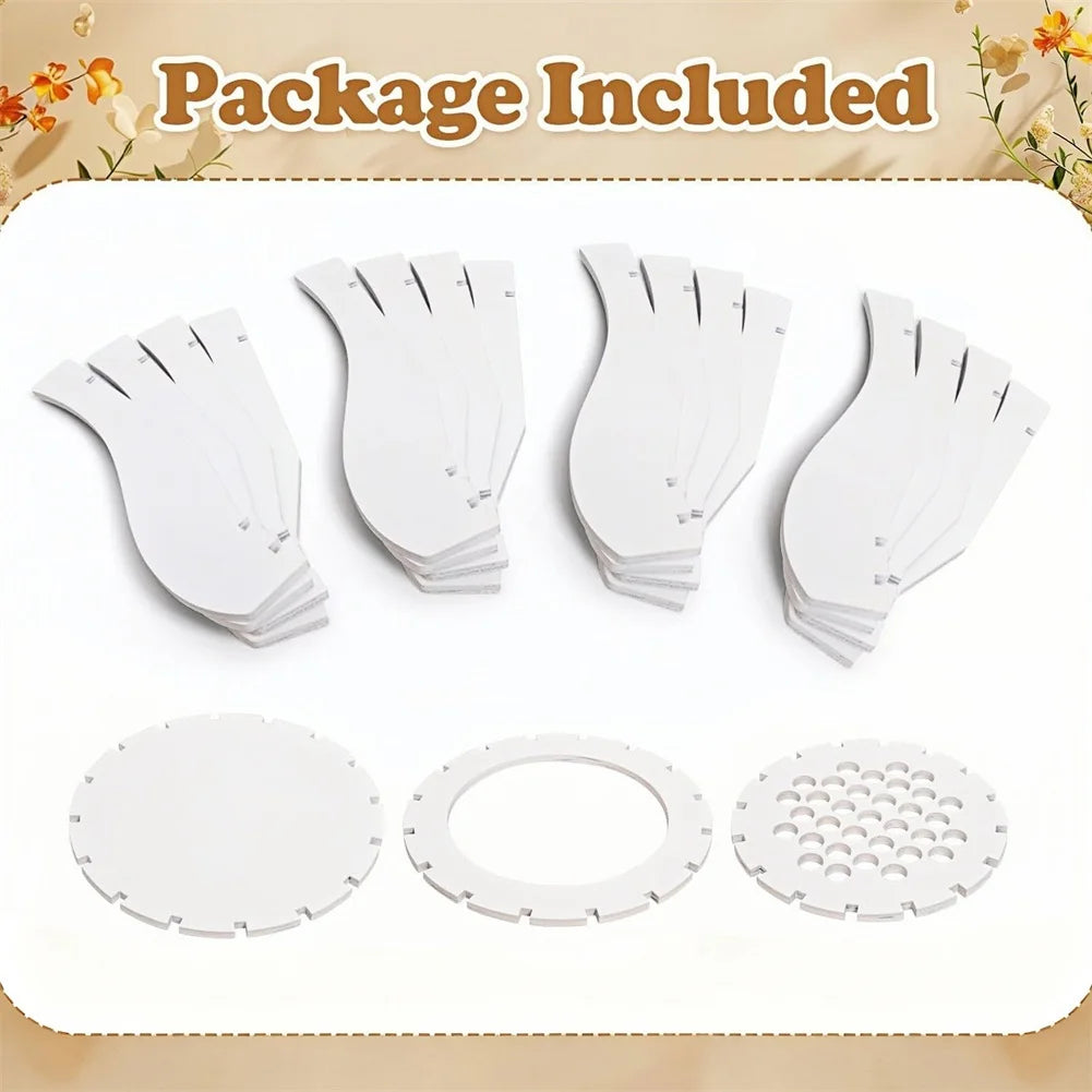 Set of white flat-pack display components, including curved support panels and circular base pieces with cut-outs.