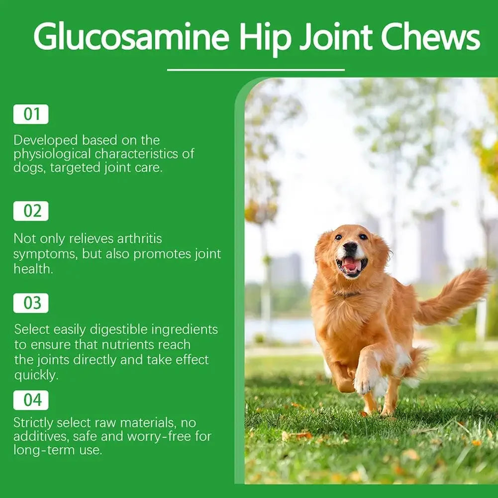Infographic for Glucosamine Hip Joint Chews for dogs, featuring a happy golden dog running on grass.