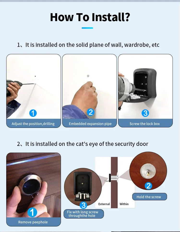 Installation guide for a black metal wall or door-mounted key storage lock box with screw-in mounting.