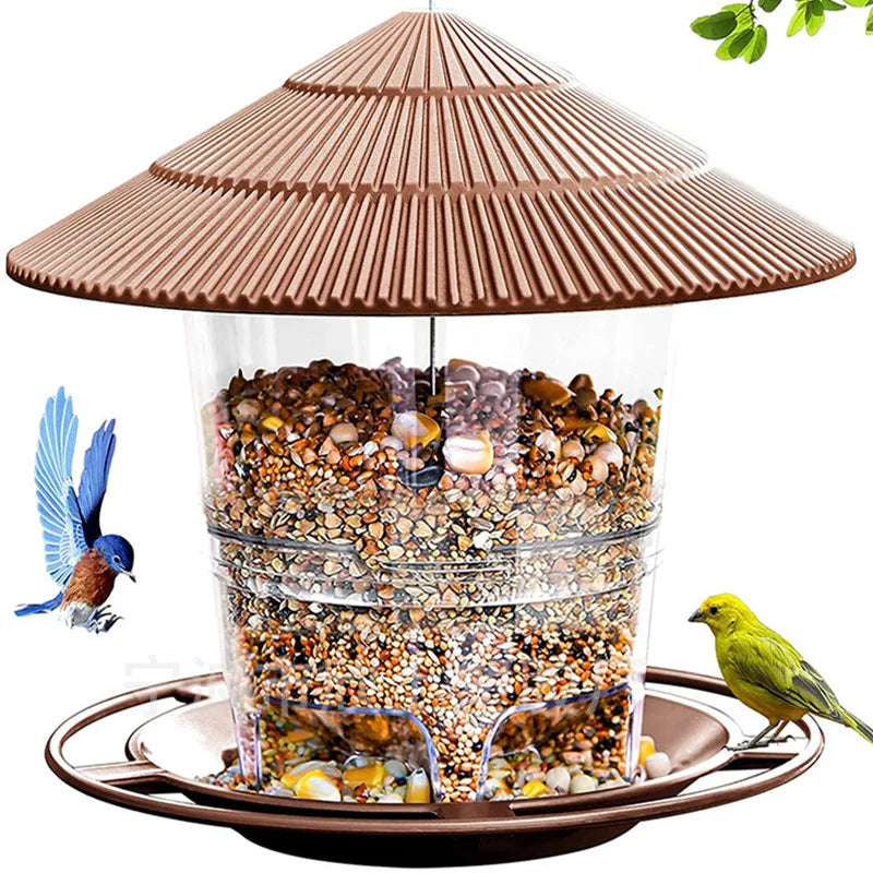 Hanging bird feeder with a brown, grooved, pagoda-style roof and clear container filled with mixed birdseed.
