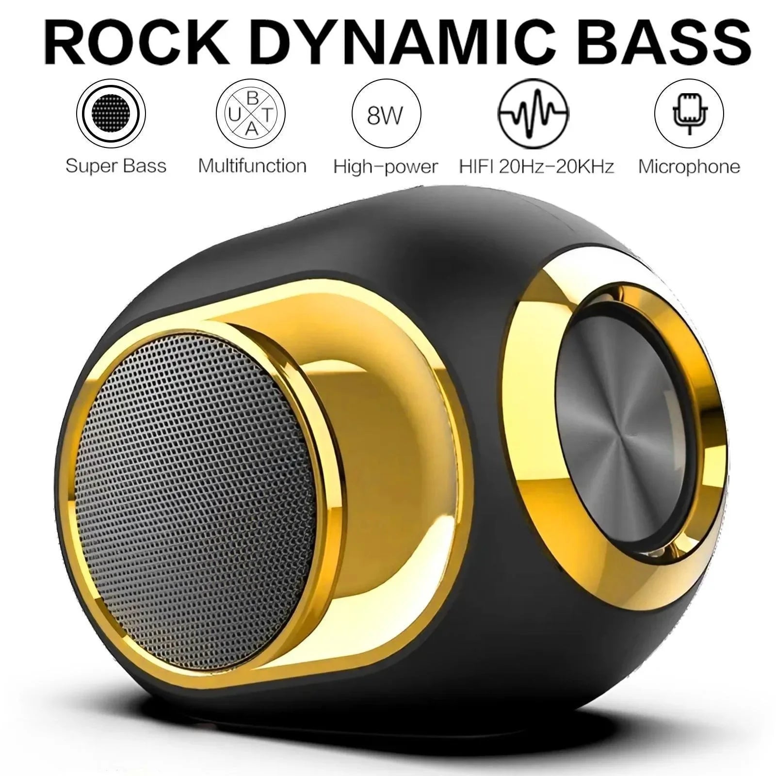 Compact, spherical black and gold Bluetooth speaker with metallic mesh grille and premium design features.