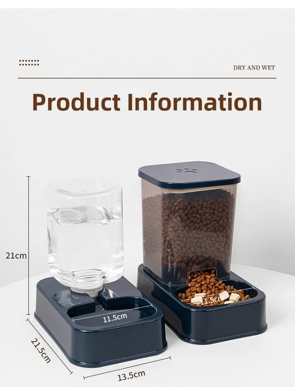 Dark blue pet water dispenser and automatic food feeder with transparent containers and dimension labels.