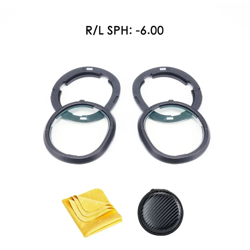 Black magnetic VR prescription lenses for Meta Quest 3 with yellow cleaning cloth and round black case.