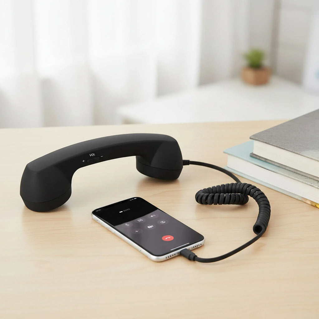 Matte black retro-style telephone handset with volume control, connected to a smartphone via a coiled cable.