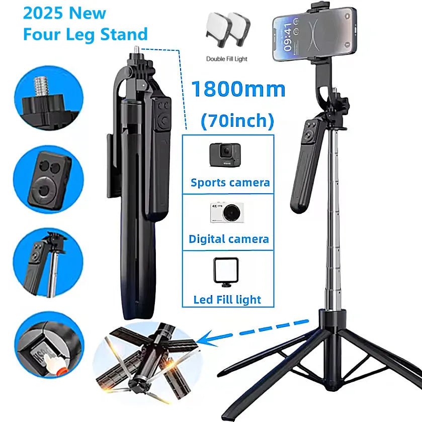 Black plastic and metal extendable phone tripod with four legs, remote, and removable LED fill lights.