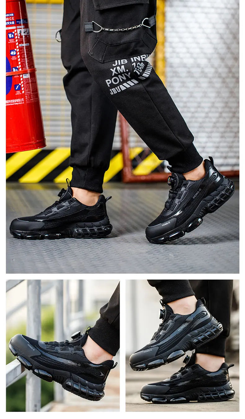 Black, sporty steel-toe work trainers with a robust, chunky sole and dial lacing system, shown on a person.
