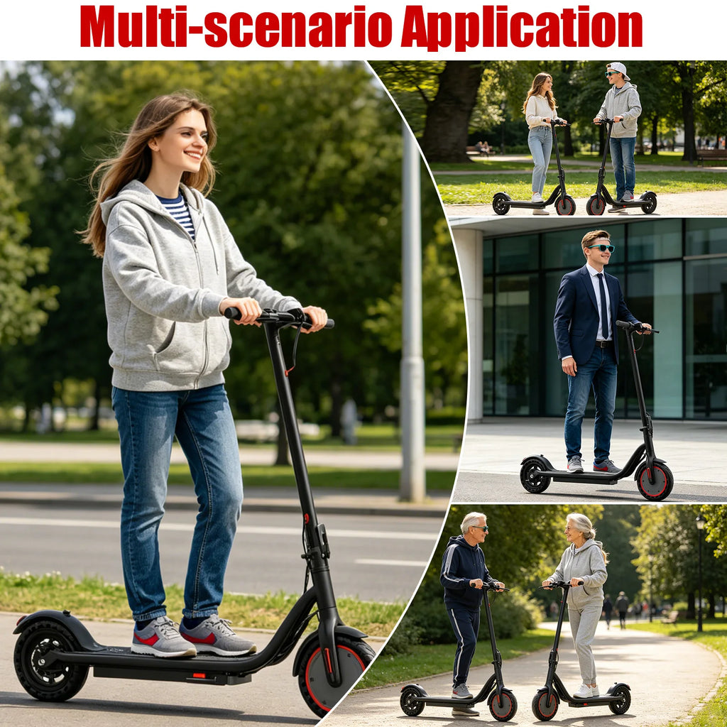 Black ATSANT S50 Ultra electric scooter with red wheel accents, ridden outdoors by various people.