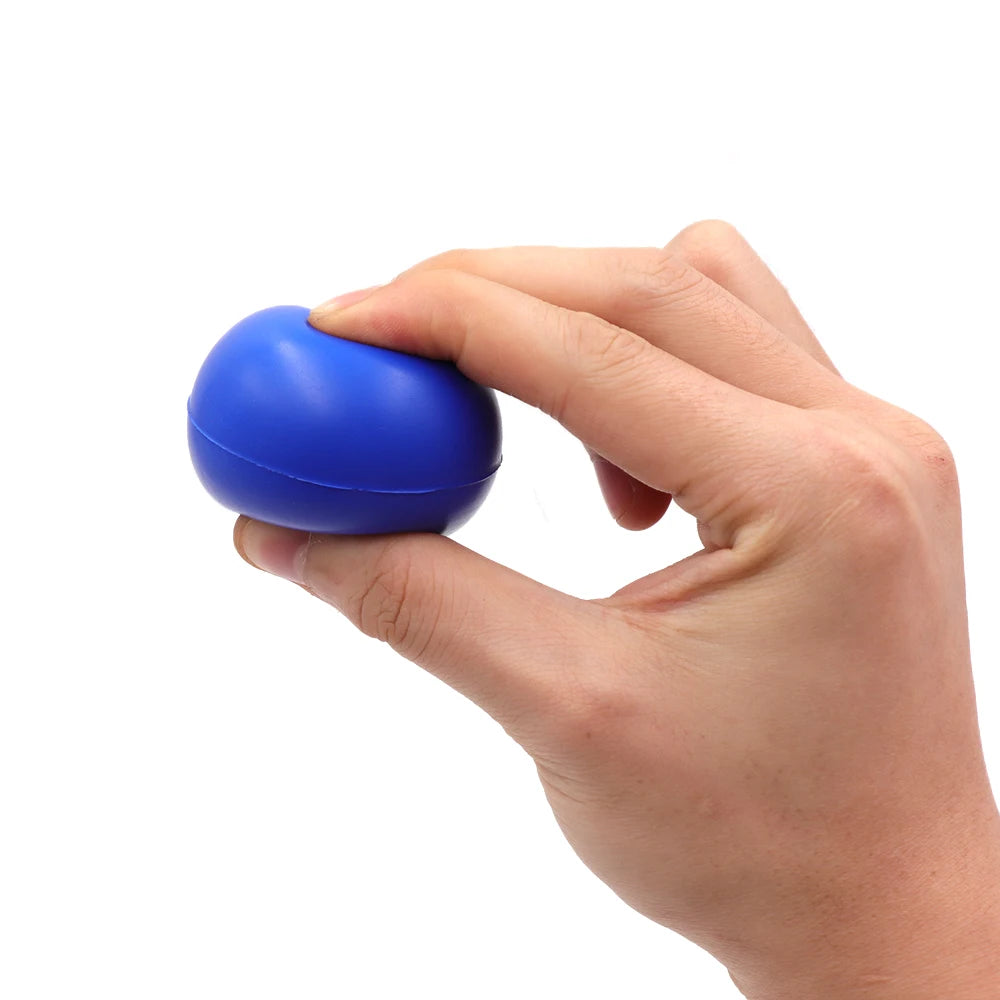 A person’s hand squeezing a smooth, bright blue oval-shaped stress ball against a white background.